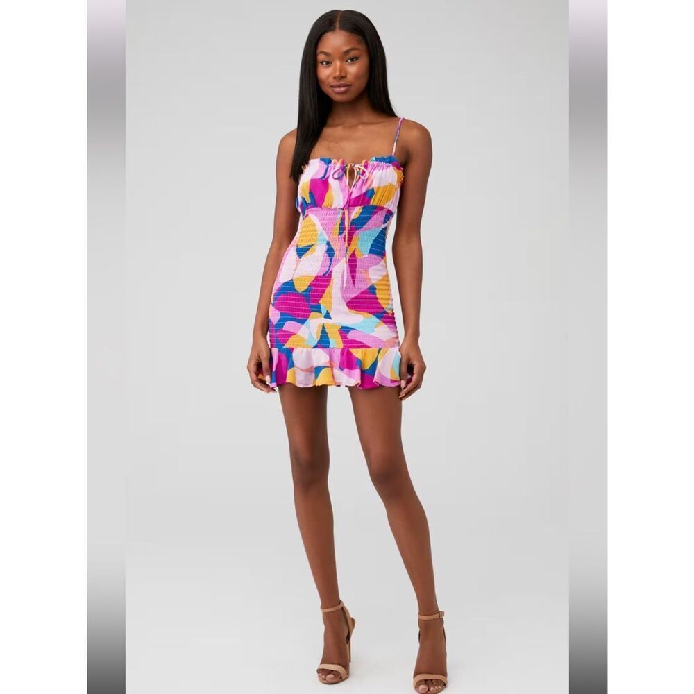 Flynn Sky Women's Eva Smock Bodycon Mini Dress in Abstract Fuchsia Size XS
